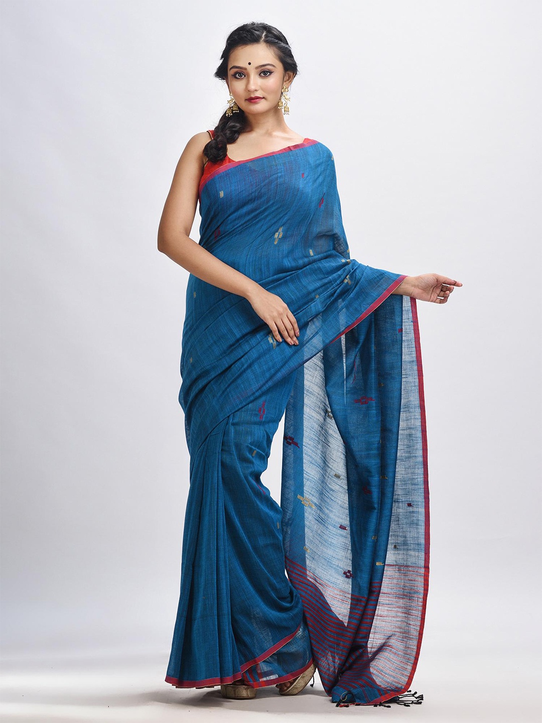 

Angoshobha Ethnic Motif Woven Design Pure Cotton Jamdani Saree, Blue