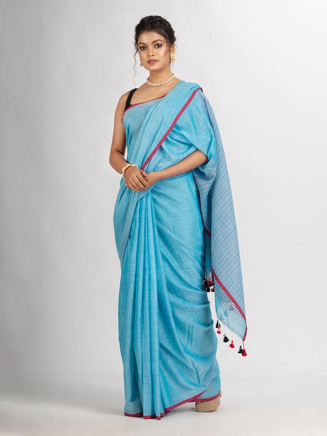 

Angoshobha Striped Pure Cotton Saree, Blue