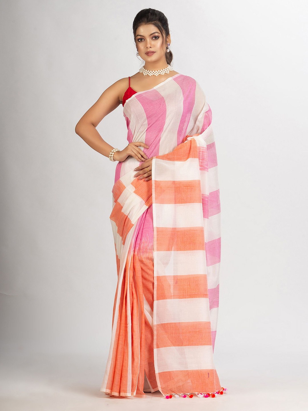 

Angoshobha Striped Pure Cotton Saree, White