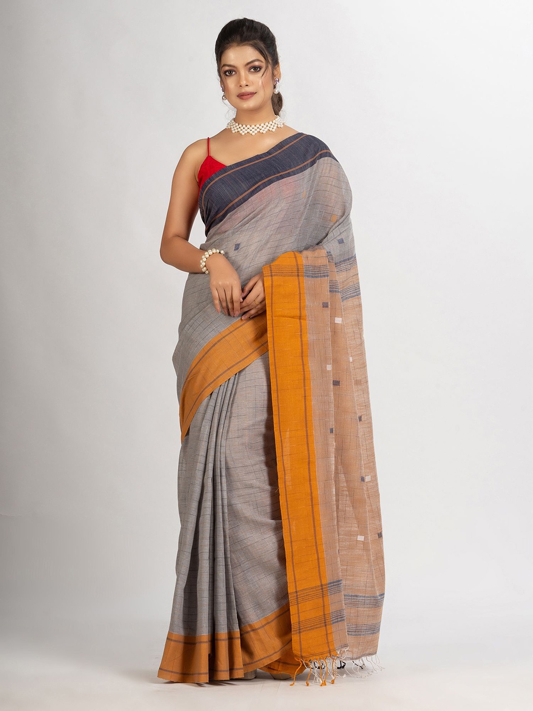 

Angoshobha Ethnic Motif Woven Design Pure Cotton Jamdani Saree, Grey