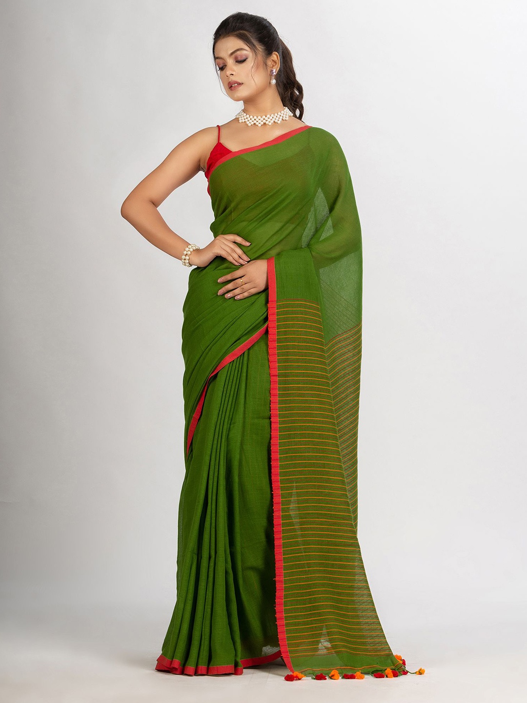 

Angoshobha Striped Pure Cotton Saree, Green