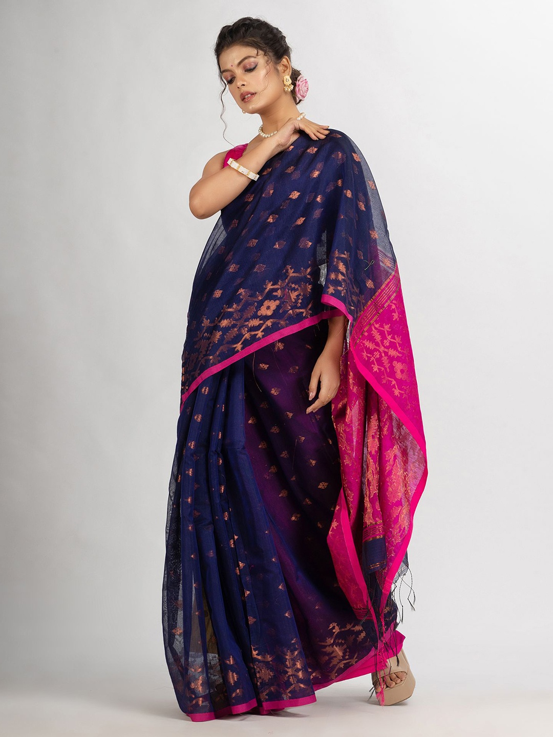 

Angoshobha Ethnic Motif Woven Design Zari Saree, Navy blue