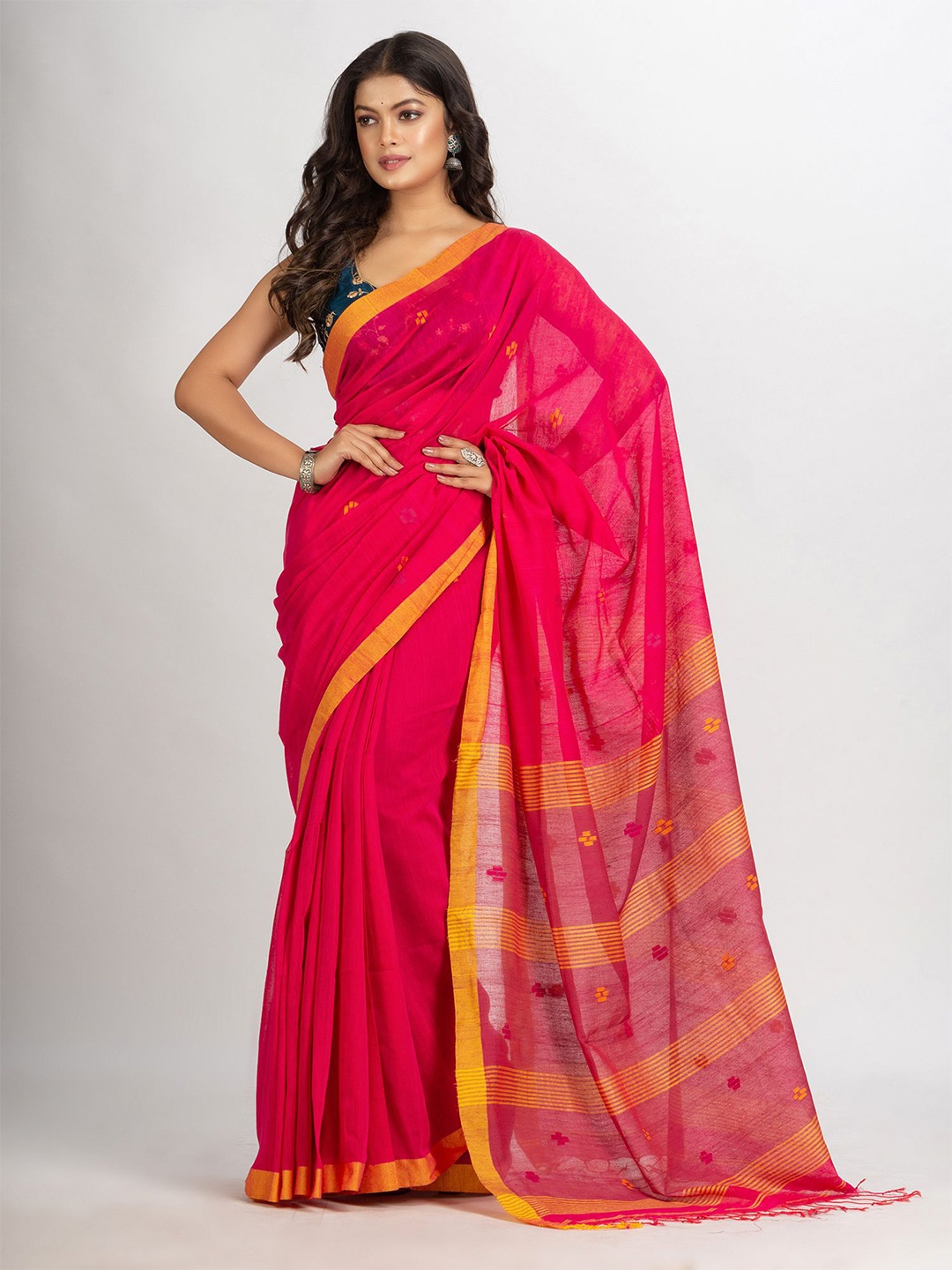 

Angoshobha Ethnic Motif Woven Design Pure Cotton Jamdani Saree, Pink