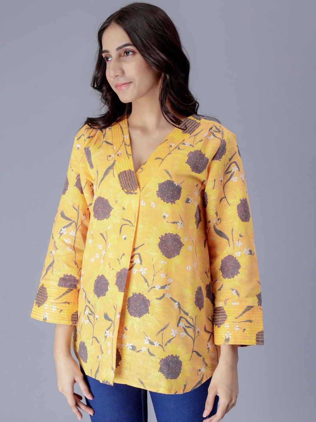 

BAESD Floral Printed V-Neck Pure Cotton Top, Mustard