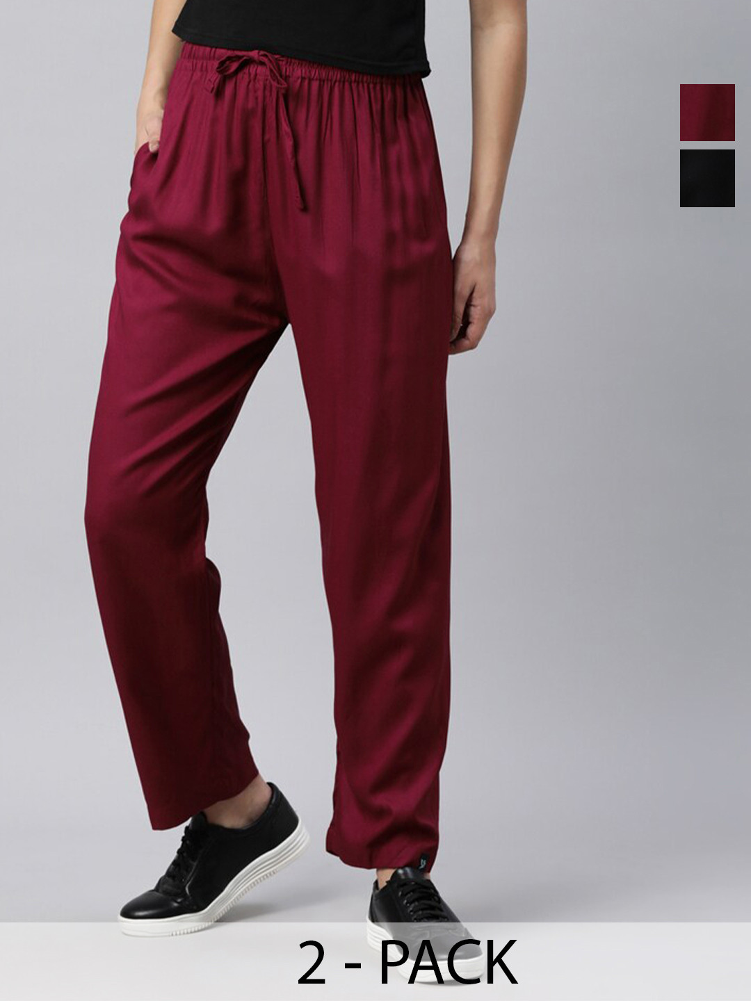

TWIN BIRDS Pack of 2 Relaxed Fit Palazzos, Maroon
