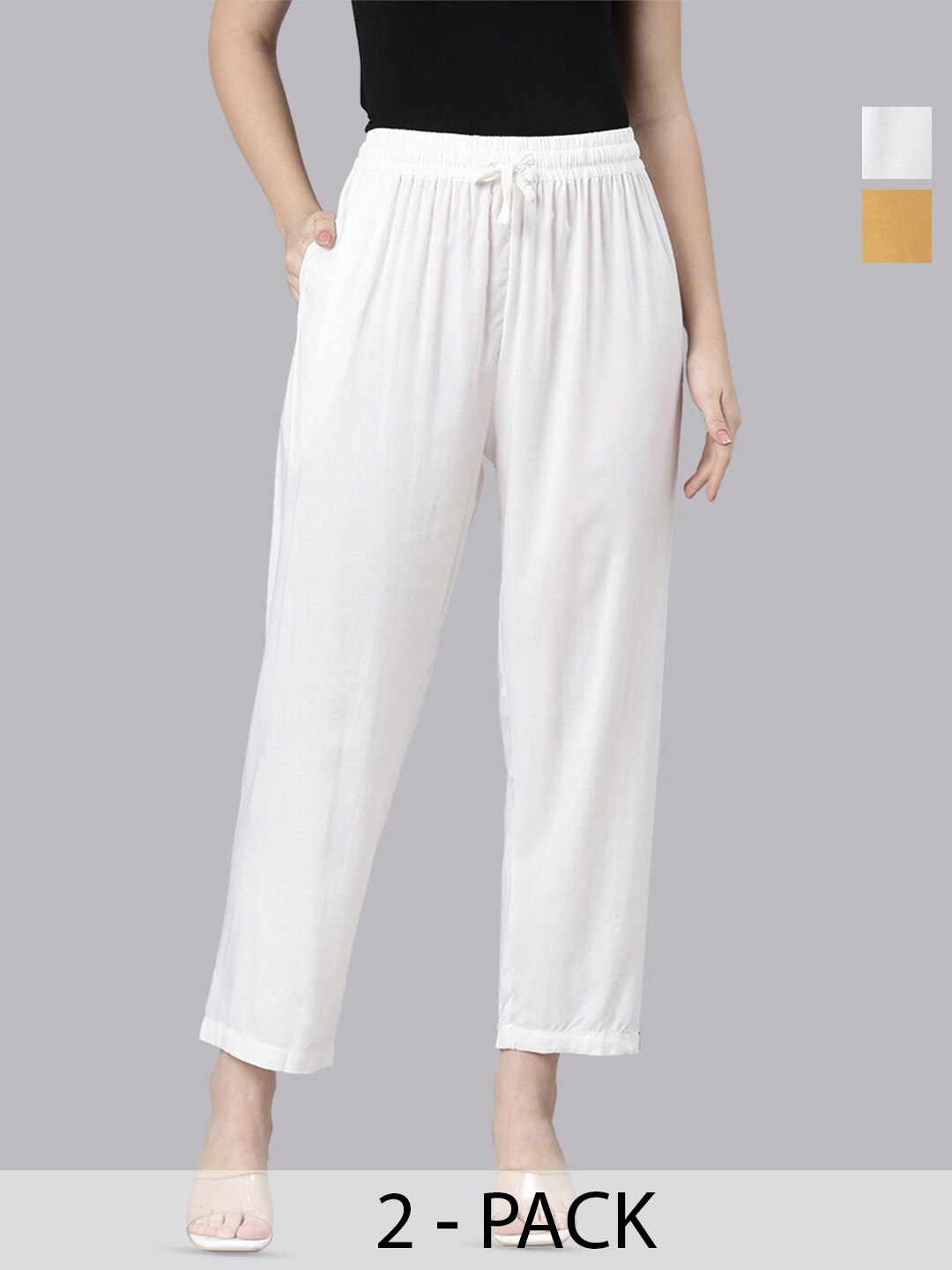 

TWIN BIRDS Pack of 2 Relaxed Fit Palazzos, Off white