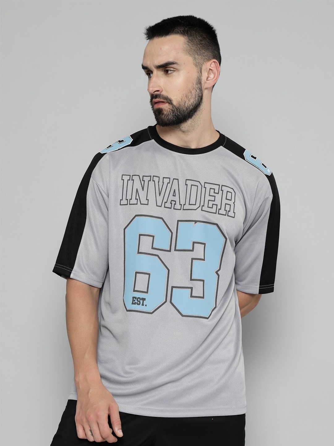 

Maniac Varsity Printed Raglan Sleeves Oversized Cotton T-shirt, Grey