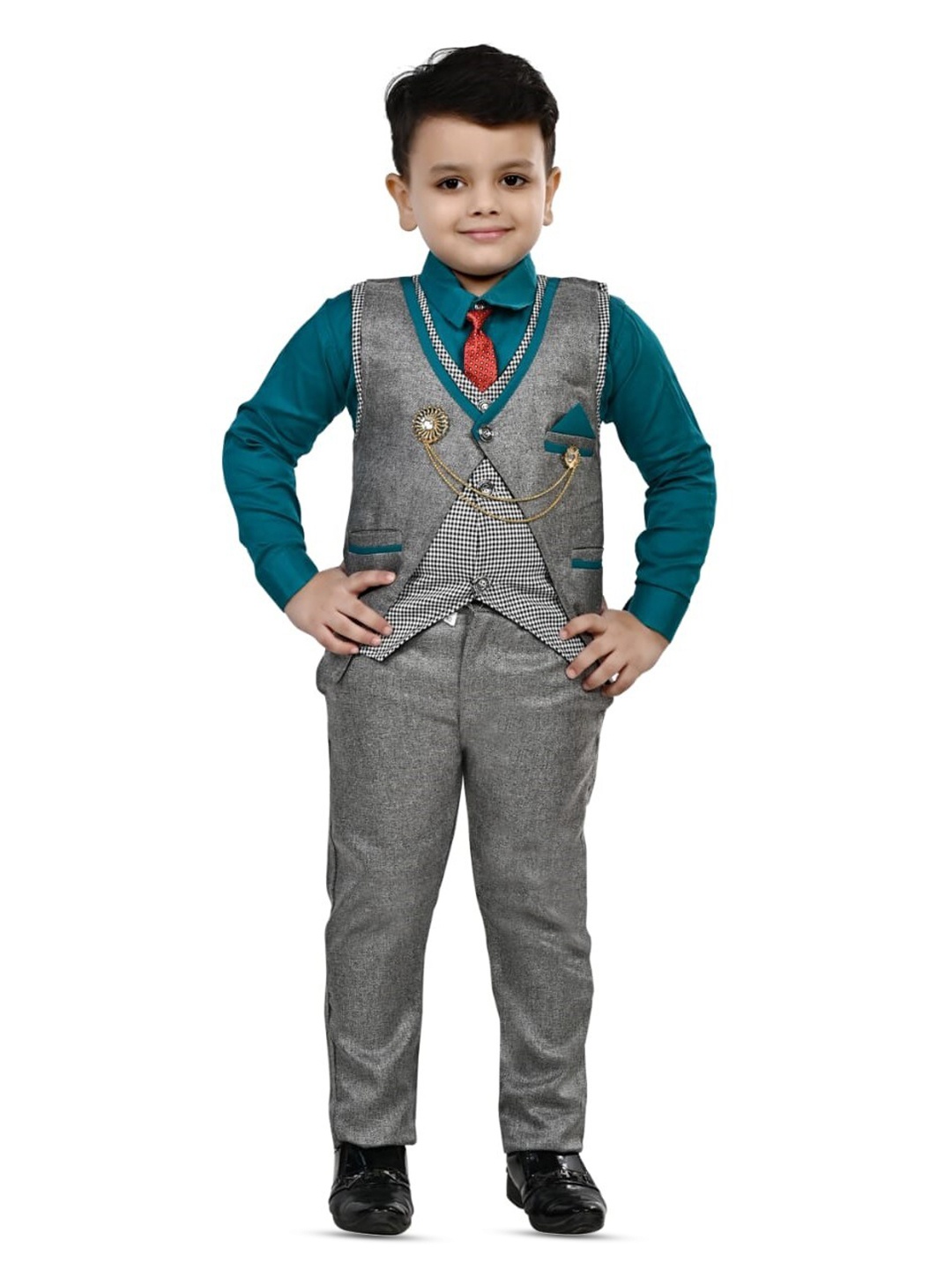 

BAESD Boys Shirt Collar Shirt With Trousers And Waistcoat, Green