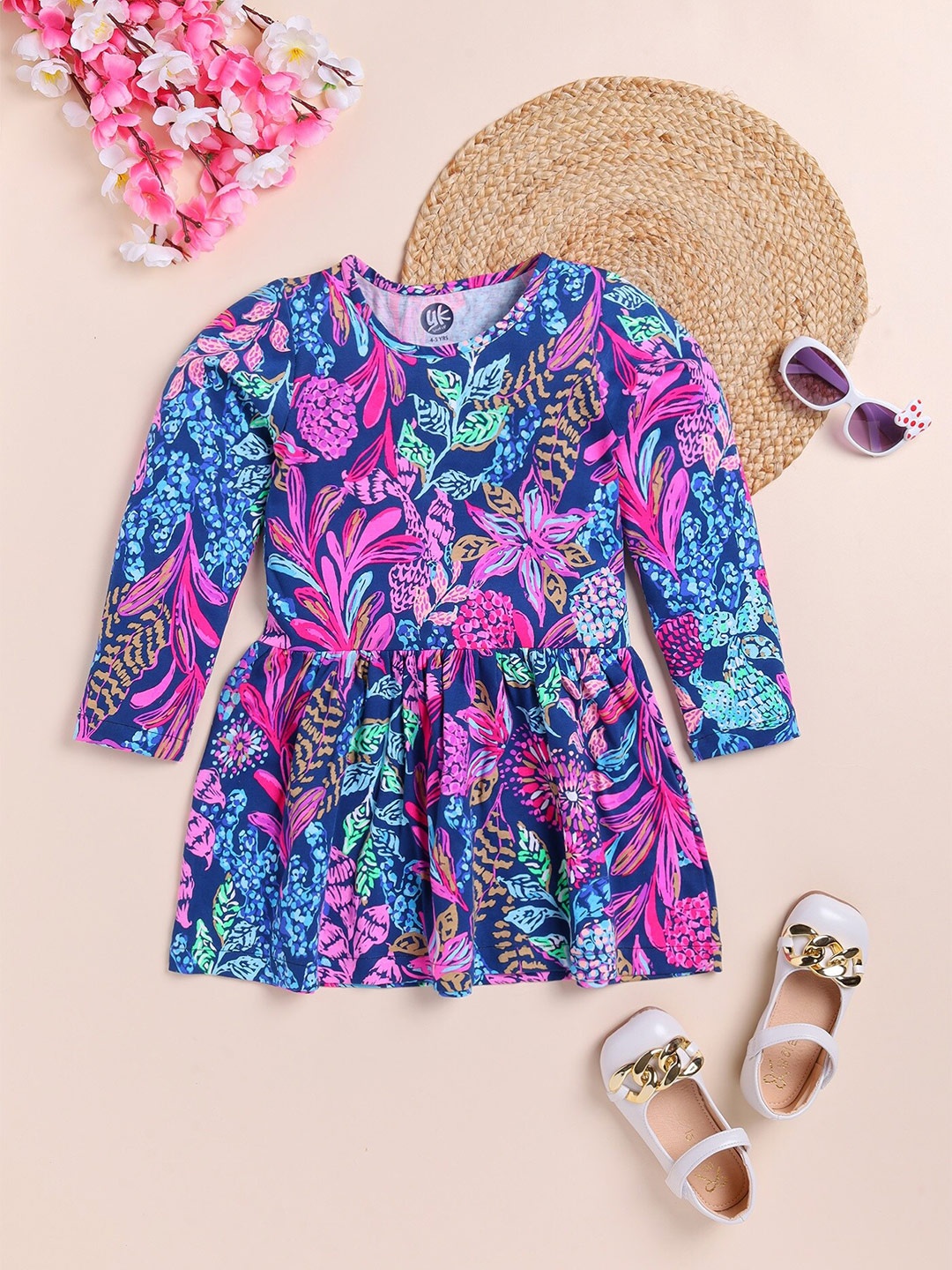 

YK Floral Printed Cotton Fit & Flare Dress, Blue