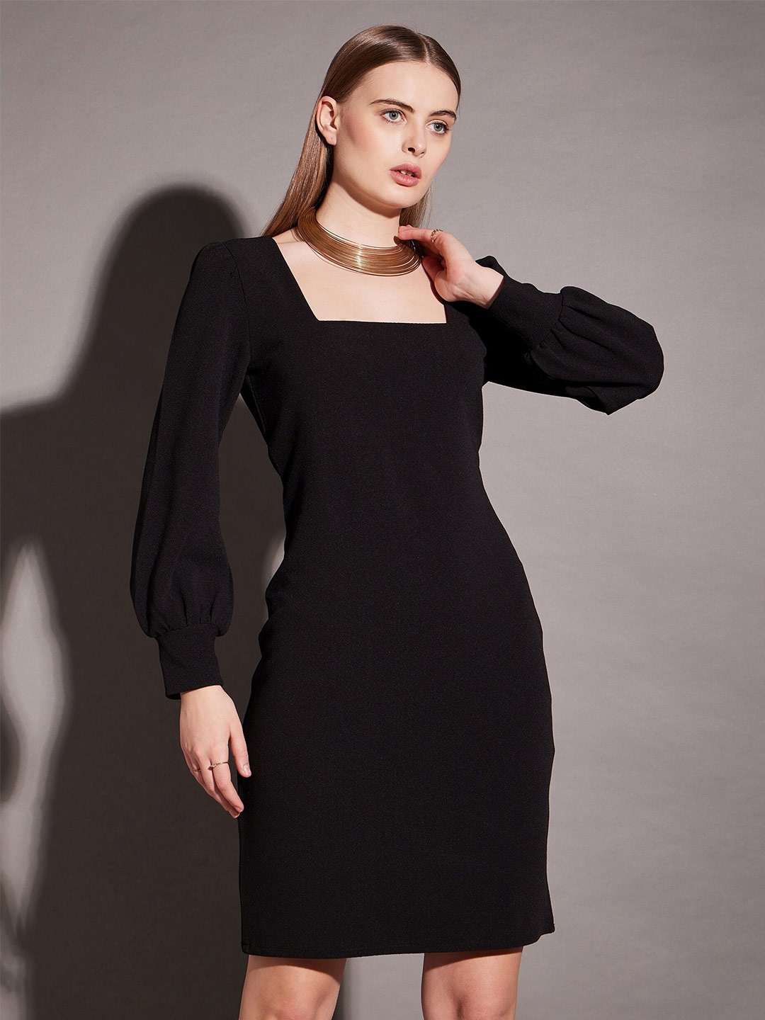 

MABISH by Sonal Jain Square Neck Puff Sleeves Bodycon Dress, Black