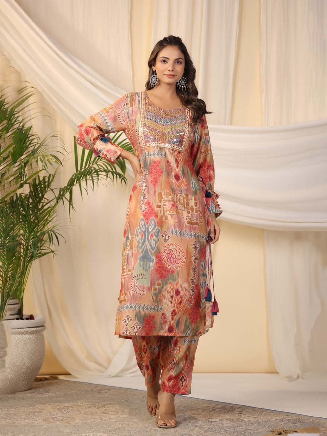 

White World Women Ethnic Motifs Printed Mirror Work Kurta, Peach
