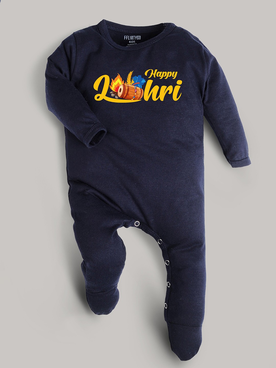 

FFLIRTYGO Infants Printed Pure Cotton Sleepsuit, Navy blue