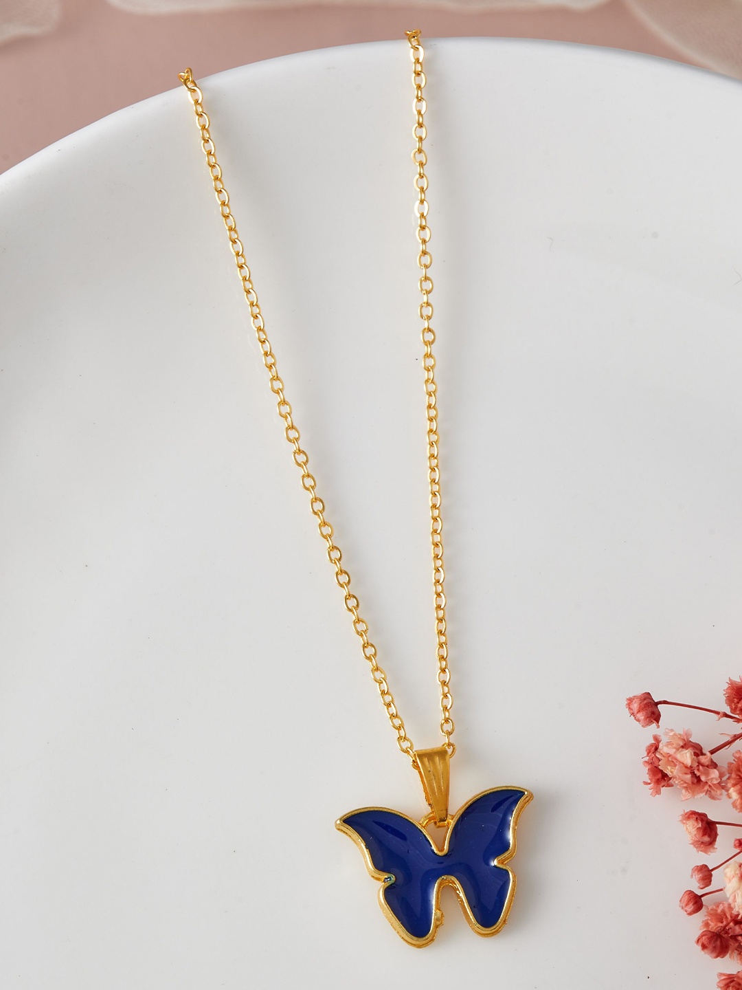 

DressBerry Gold-Toned & Navy Blue Gold-Plated Butterfly Shaped Pendant With Chain