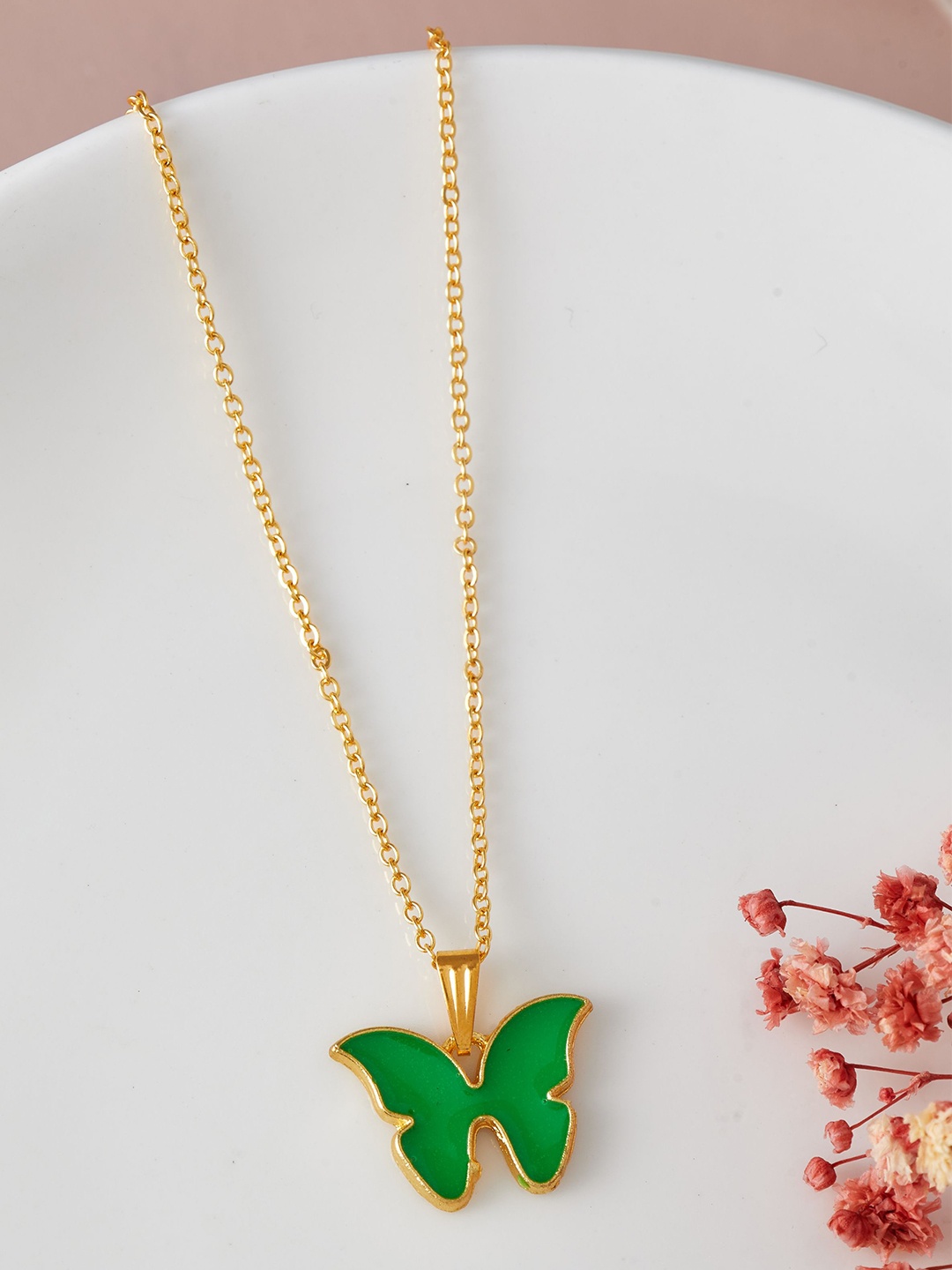 

DressBerry Sea Green Butterfly Shaped Gold-Plated Pendant With Chain