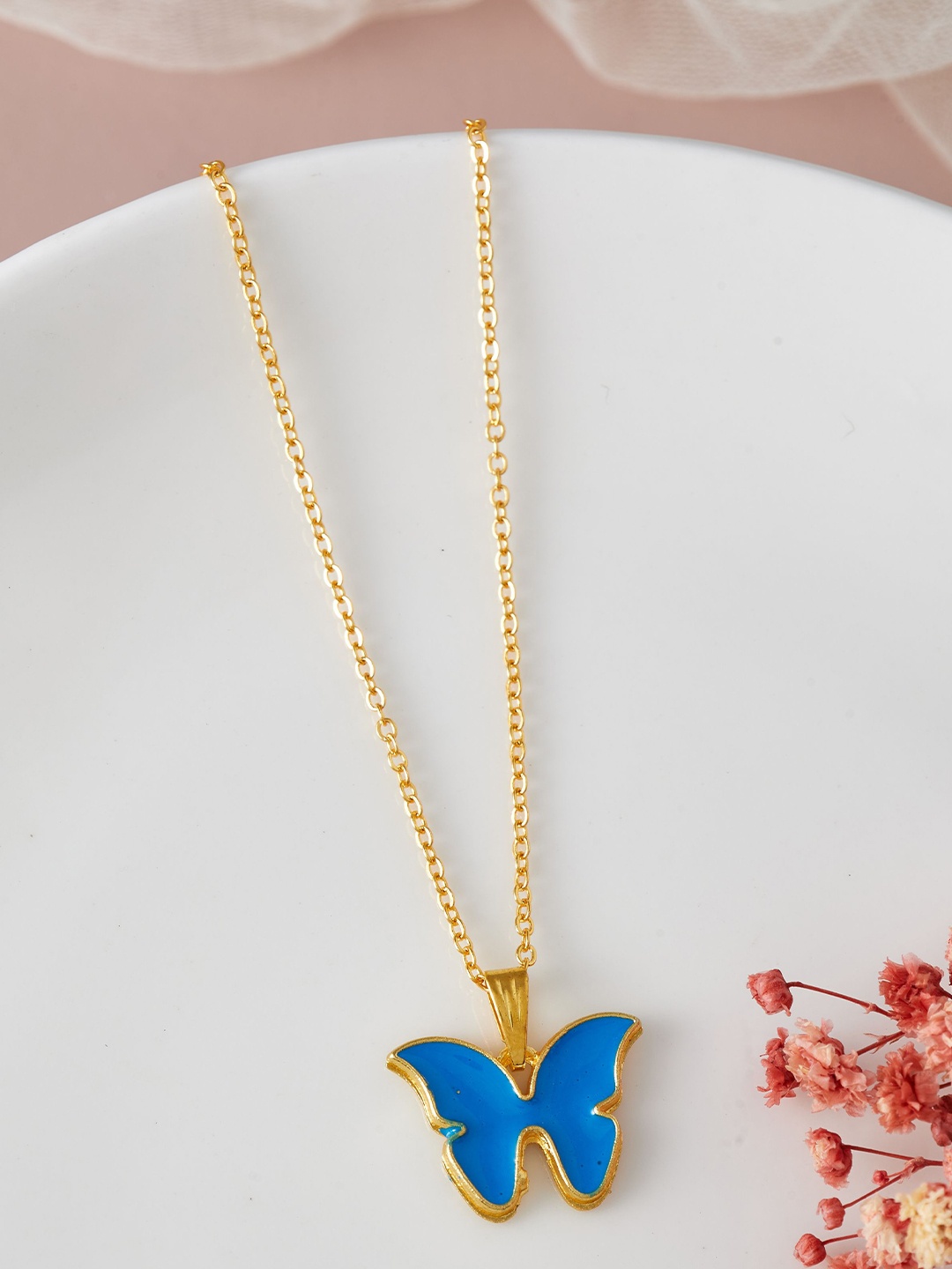 

DressBerry Gold-Toned & Blue Gold-Plated Butterfly Shaped Pendant With Chain