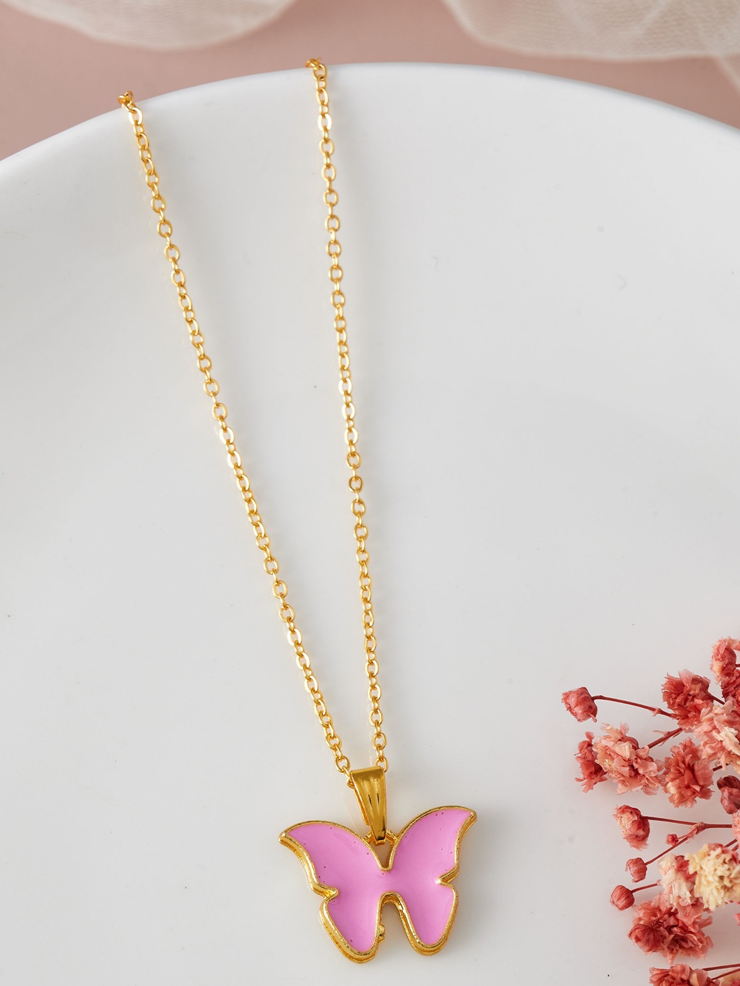 

DressBerry Pink Butterfly Shaped Gold-Plated Pendant With Chain
