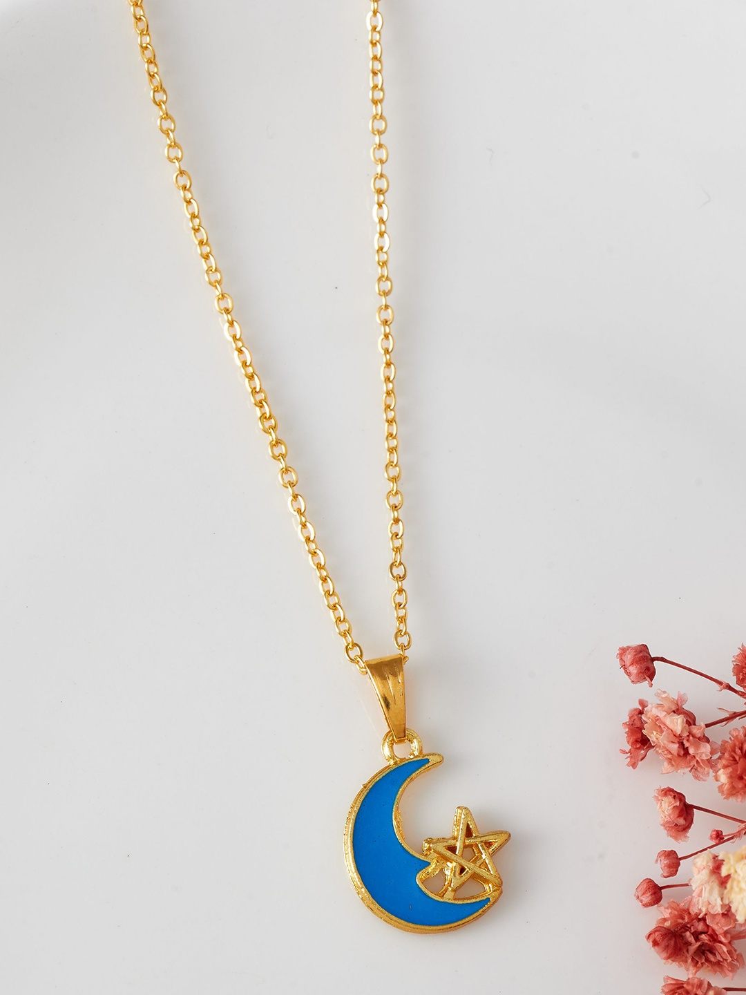 

DressBerry Gold-Toned & Blue Gold-Plated Moon Shaped Pendant With Chain