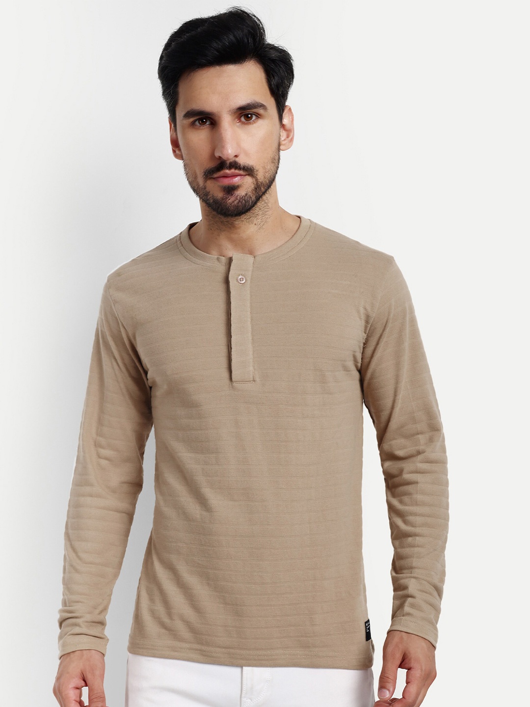 

REPRISE Self Design Henley Neck Slim Fit T-shirt, Beige