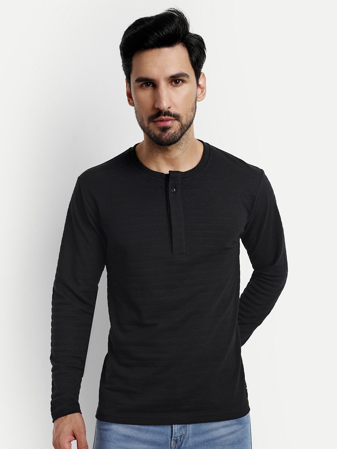 

REPRISE Self Design Henley Neck Slim Fit T-shirt, Black