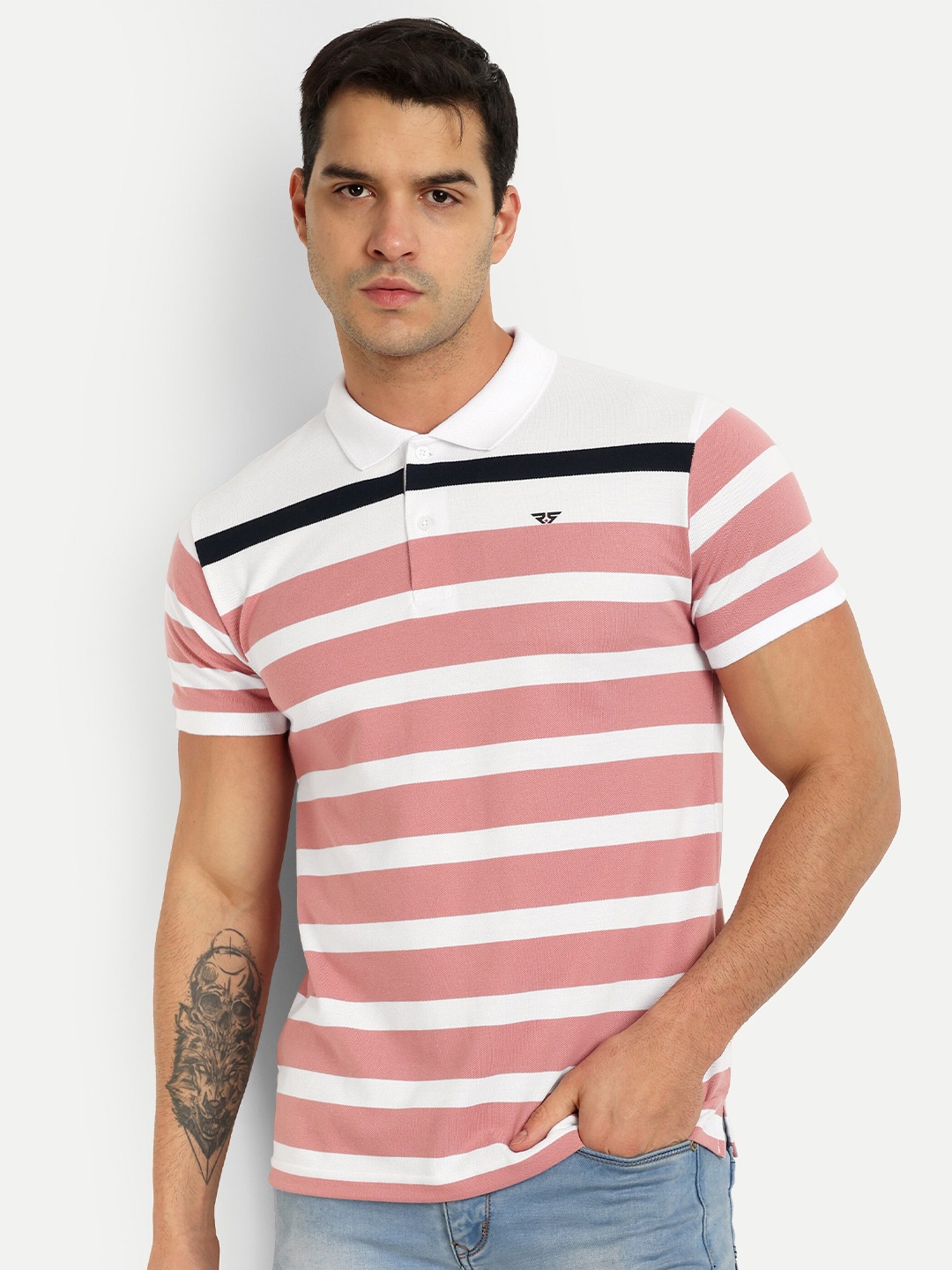 

REPRISE Horizontal Striped Polo Collar Slim Fit T-shirt, White