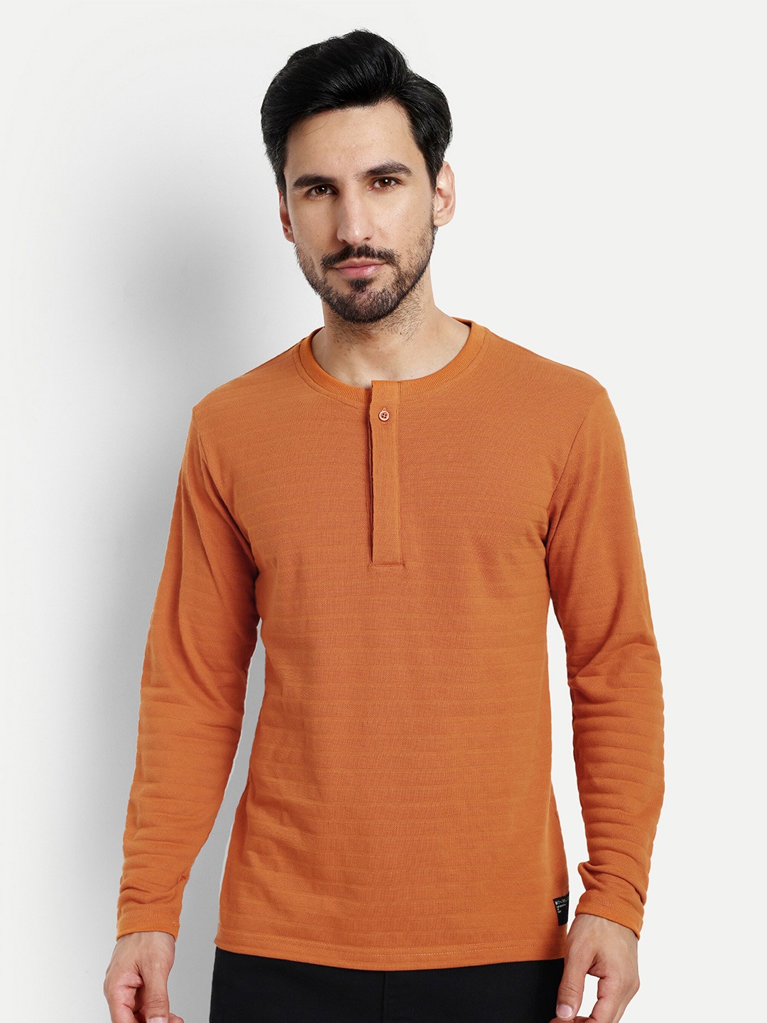 

REPRISE Self Design Henley Neck Slim Fit T-shirt, Orange