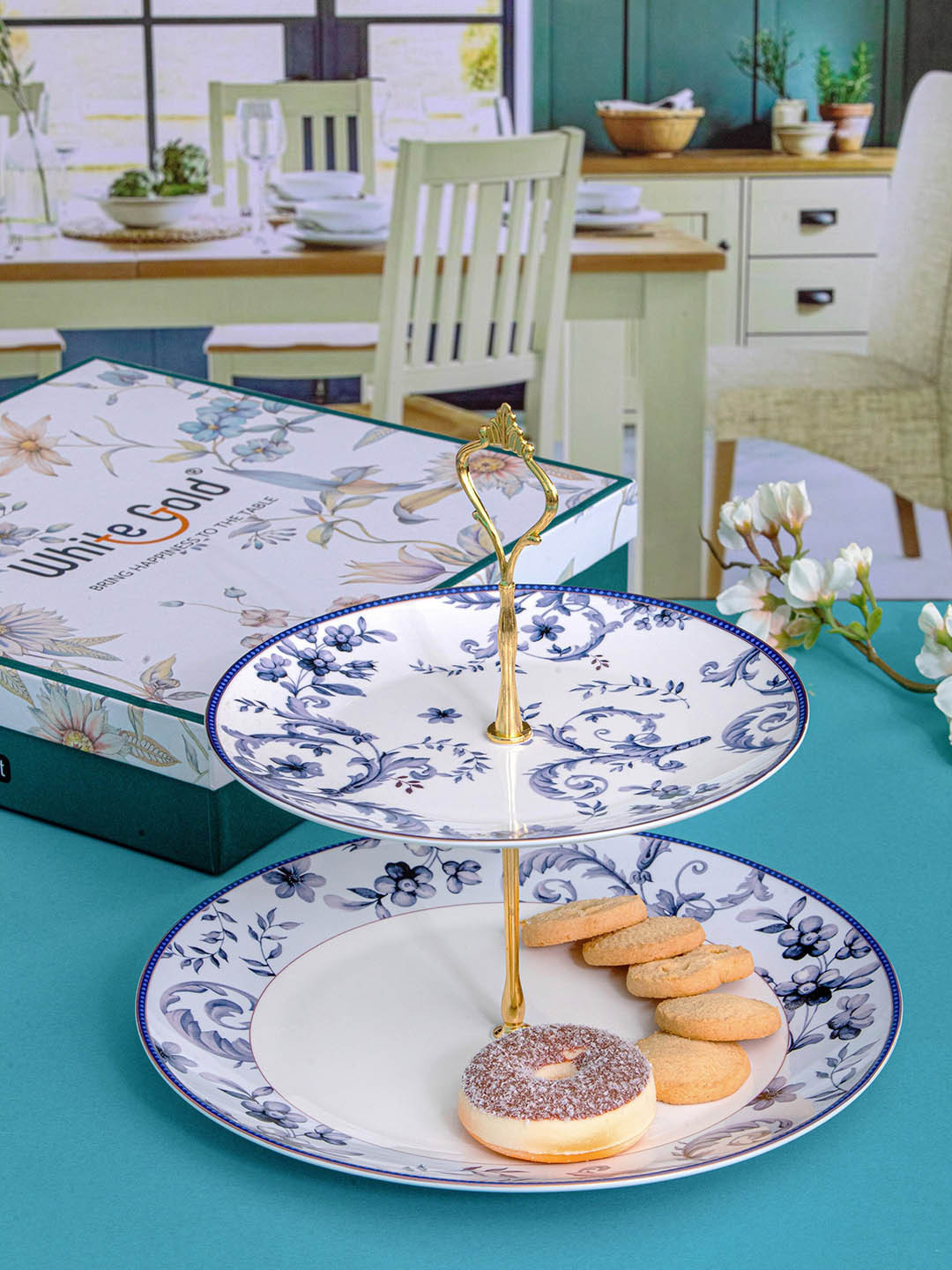 

White Gold Blue Floral Printed Two Layer Food Platter