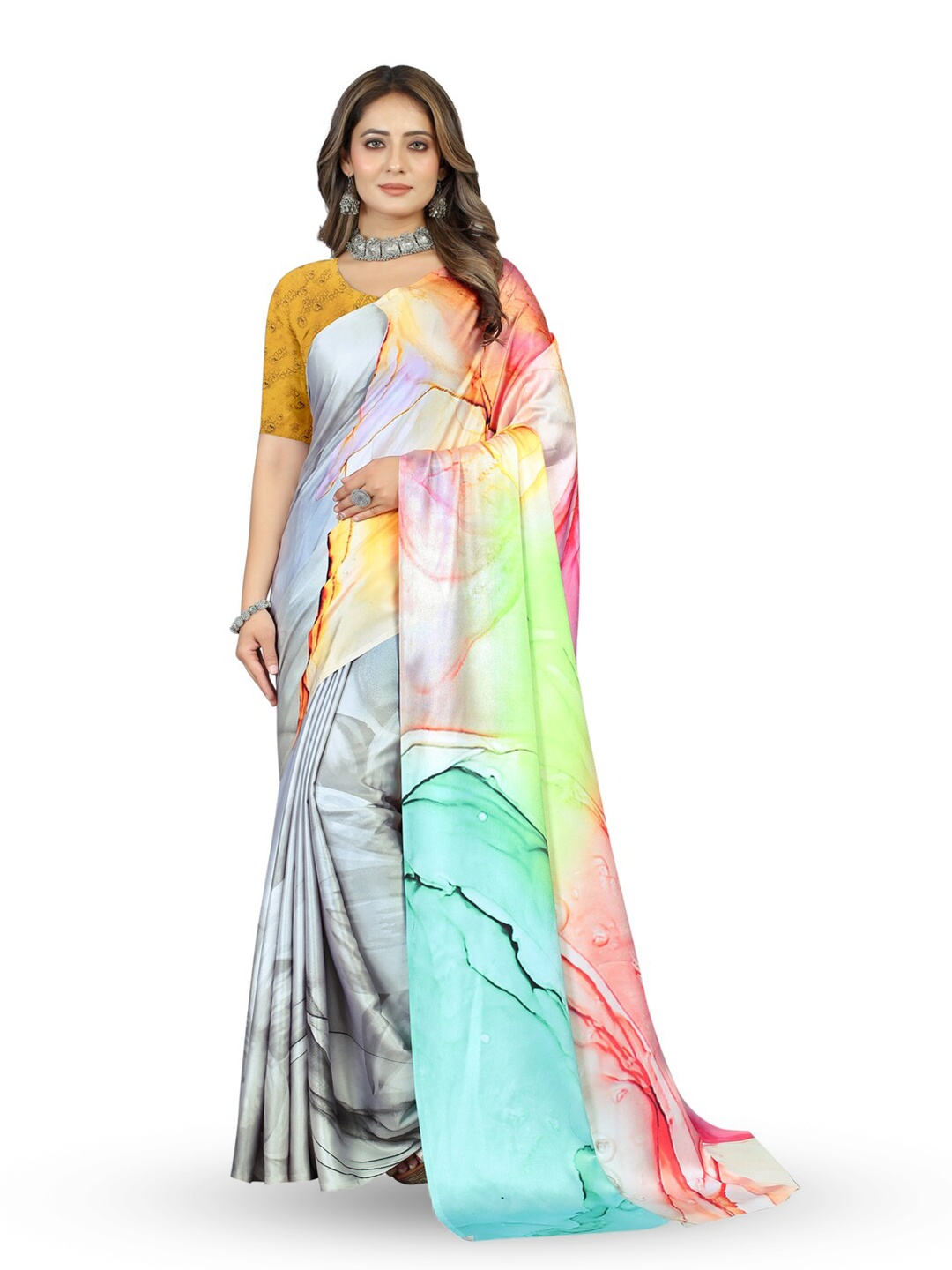 

Inithi Abstract Printed Satin Saree, Green