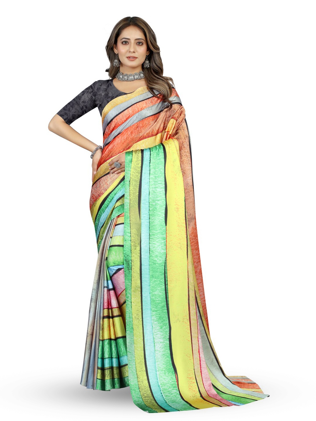 

Inithi Striped Satin Saree, Green