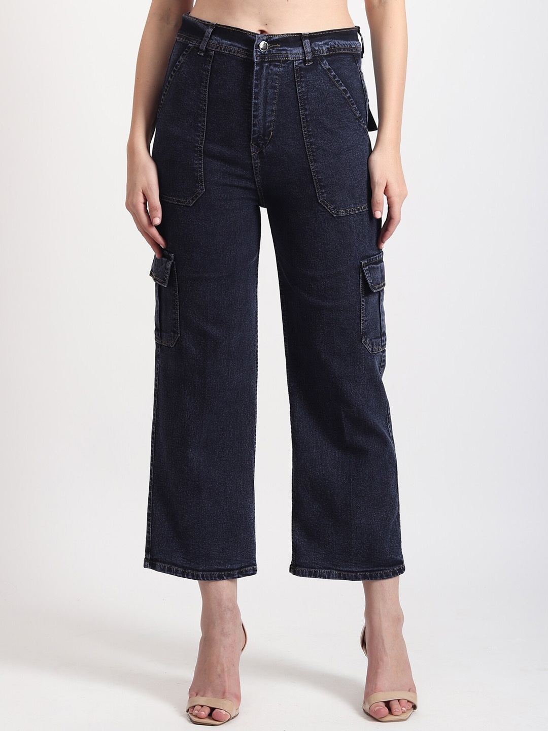 

TYFFYN Women Wide Leg Slim Fit High Rise Clean Look Heavy Fade Stretchable Jeans, Blue