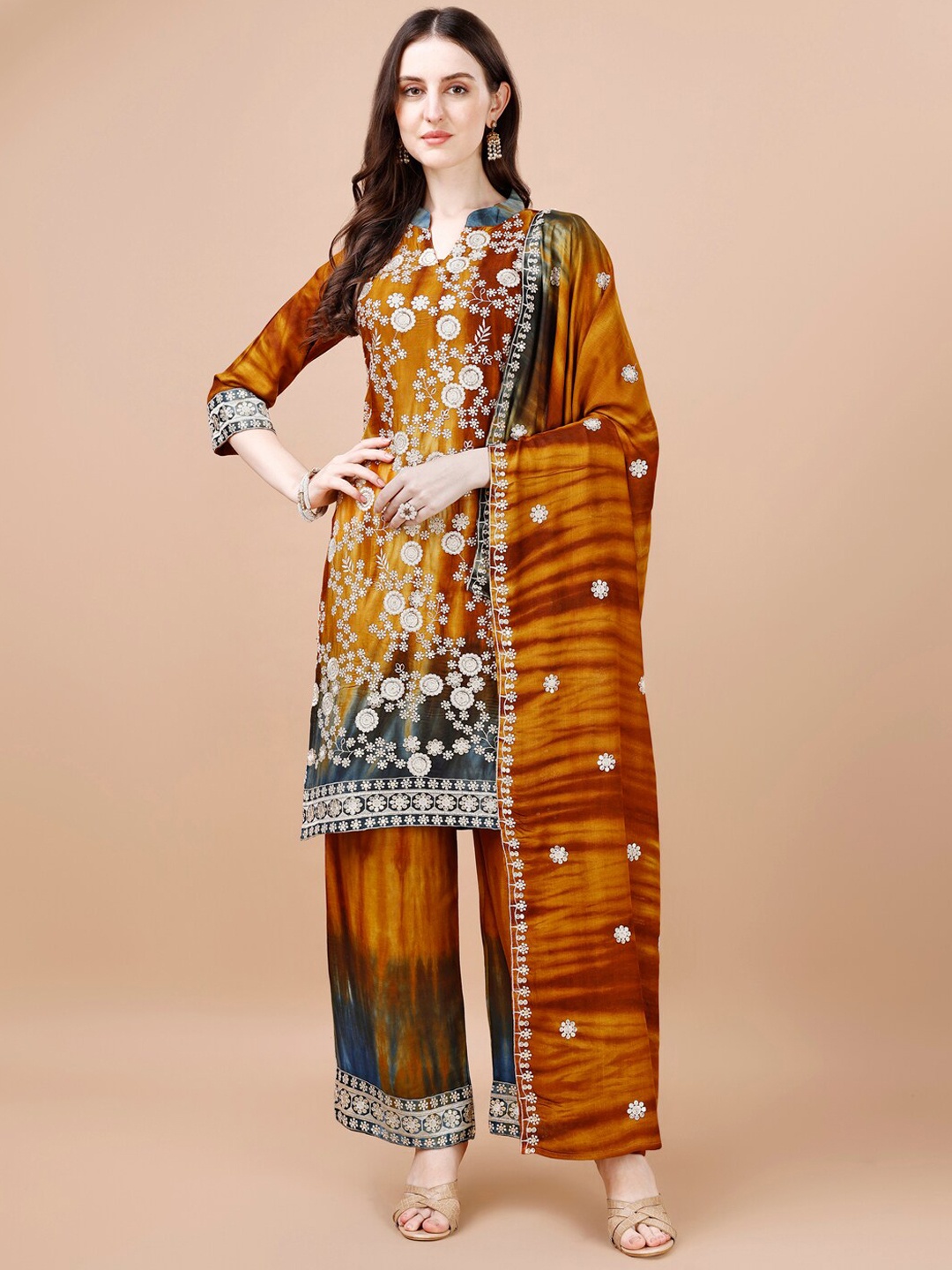 

KALINI Floral Embroidered Kurta with Palazzos & With Dupatta, Orange