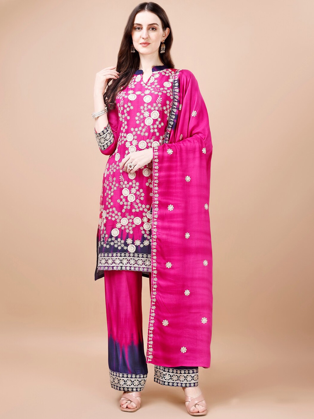 

KALINI Floral Embroidered Mandarin Collar Kurta with Palazzos & Dupatta, Pink
