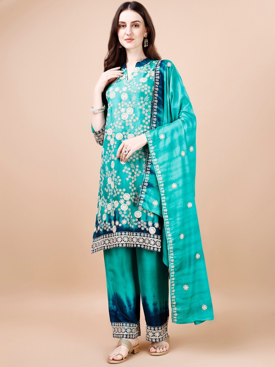 

KALINI Floral Embroidered Mandarin Collar Kurta with Palazzos & Dupatta, Green