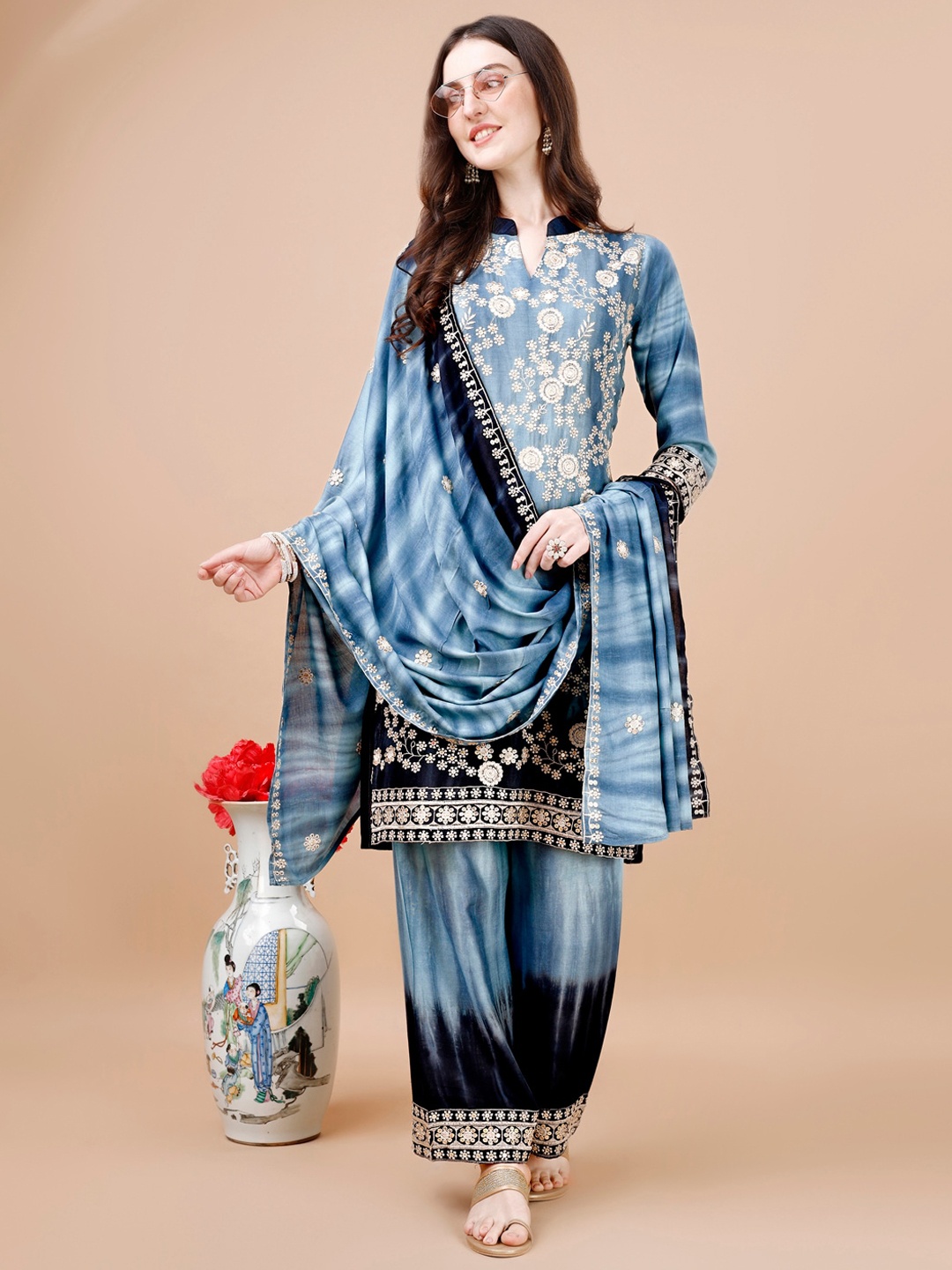 

KALINI Floral Embroidered Mandarin Collar Kurta with Palazzos & Dupatta, Blue