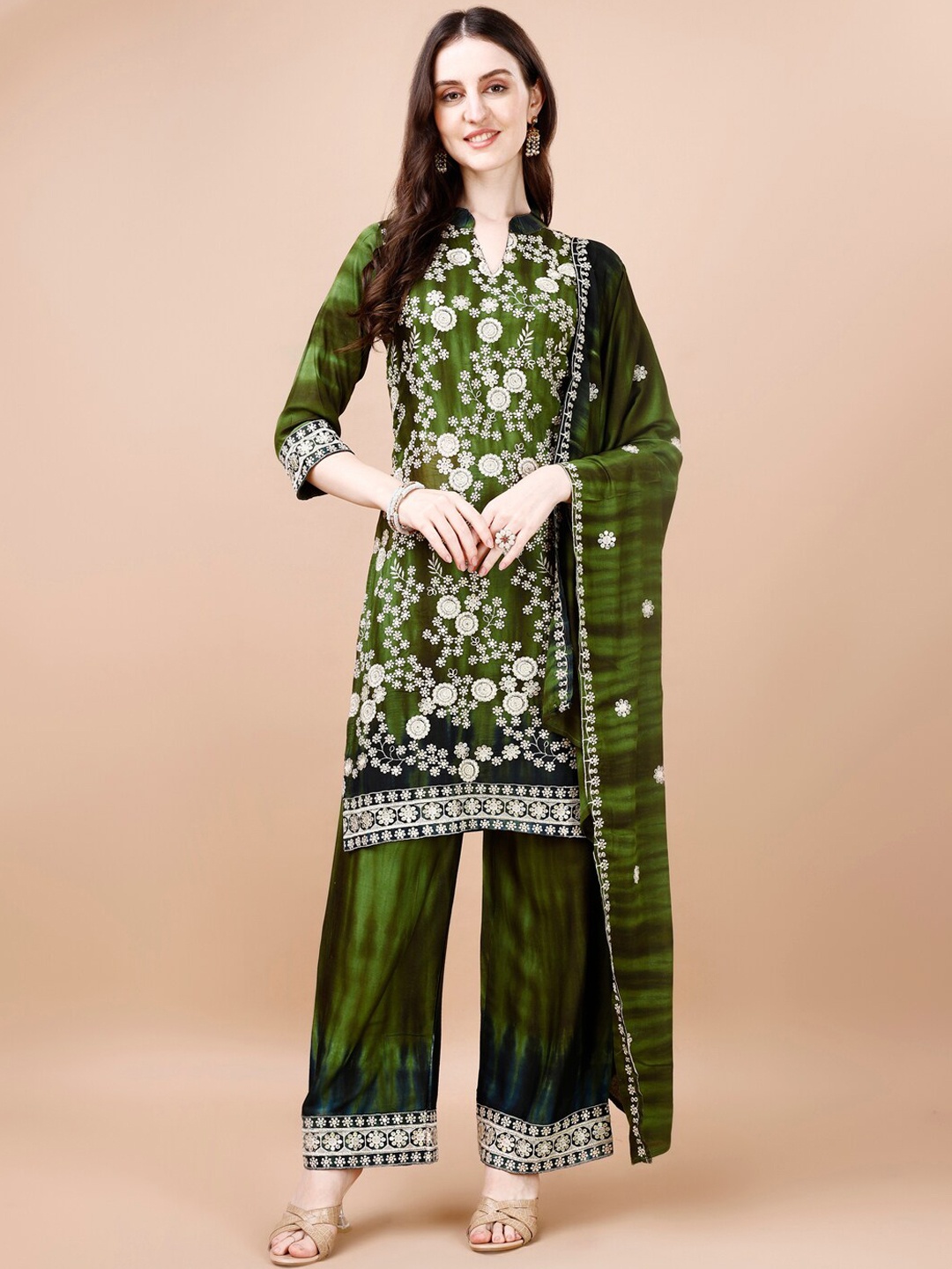 

KALINI Floral Embroidered Mandarin Collar Kurta with Palazzos & Dupatta, Olive