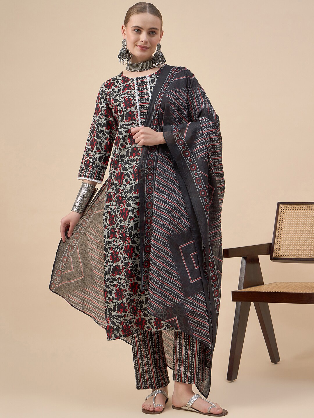 

KALINI Floral Printed Pure Cotton Kurta with Trousers & Dupatta, Grey