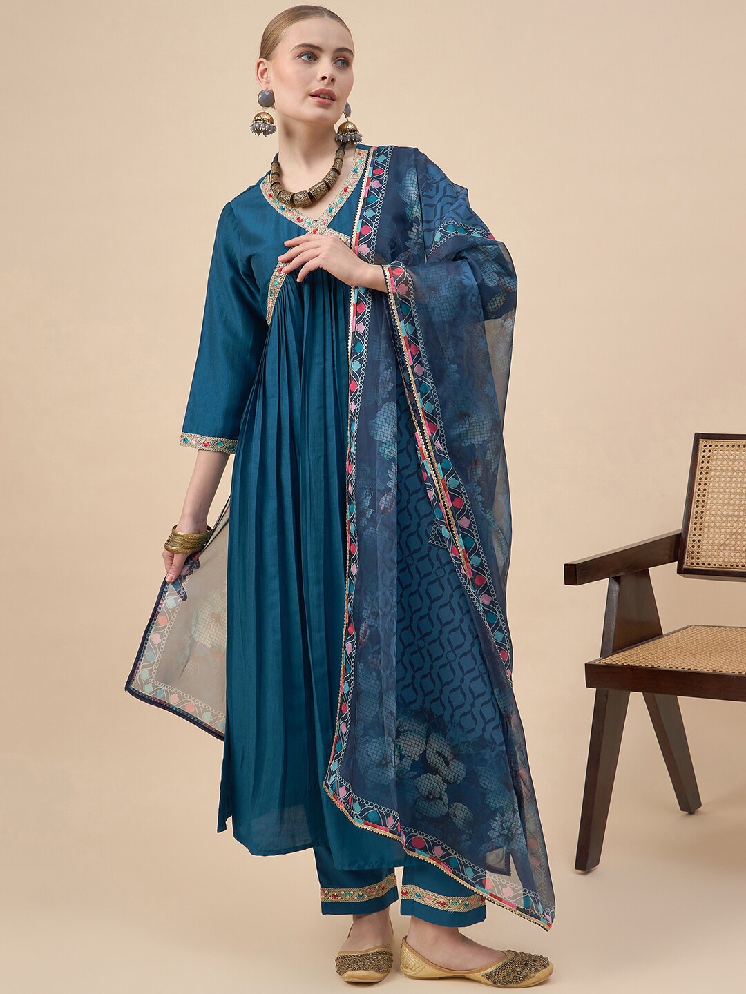 

KALINI Floral Embroidered V-Neck Empire Kurta with Trousers & Dupatta, Teal