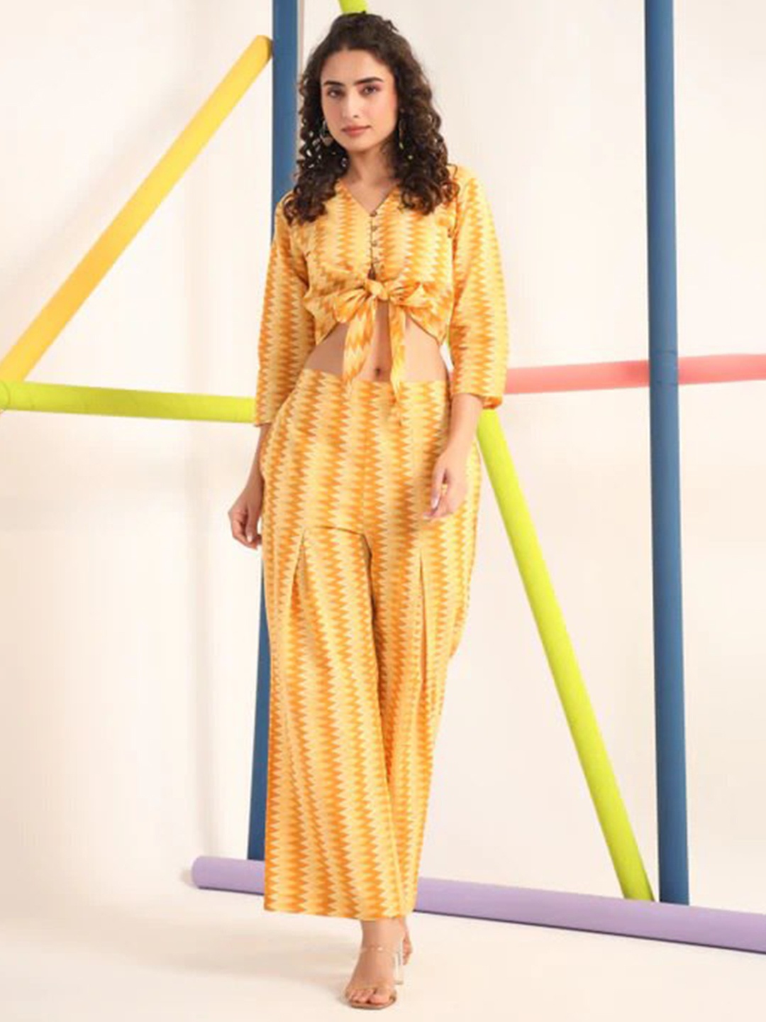 

ISHA TRADE Geometric Printed Top With Palazzo Co-Ords, Yellow
