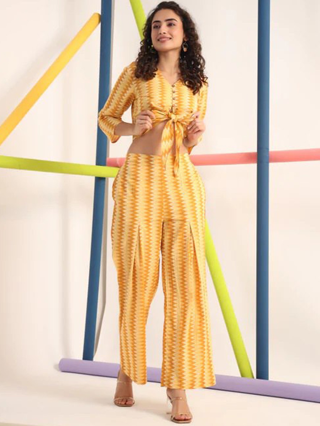 

ISHA TRADE Geometric Printed Top With Palazzo Co-Ords, Yellow