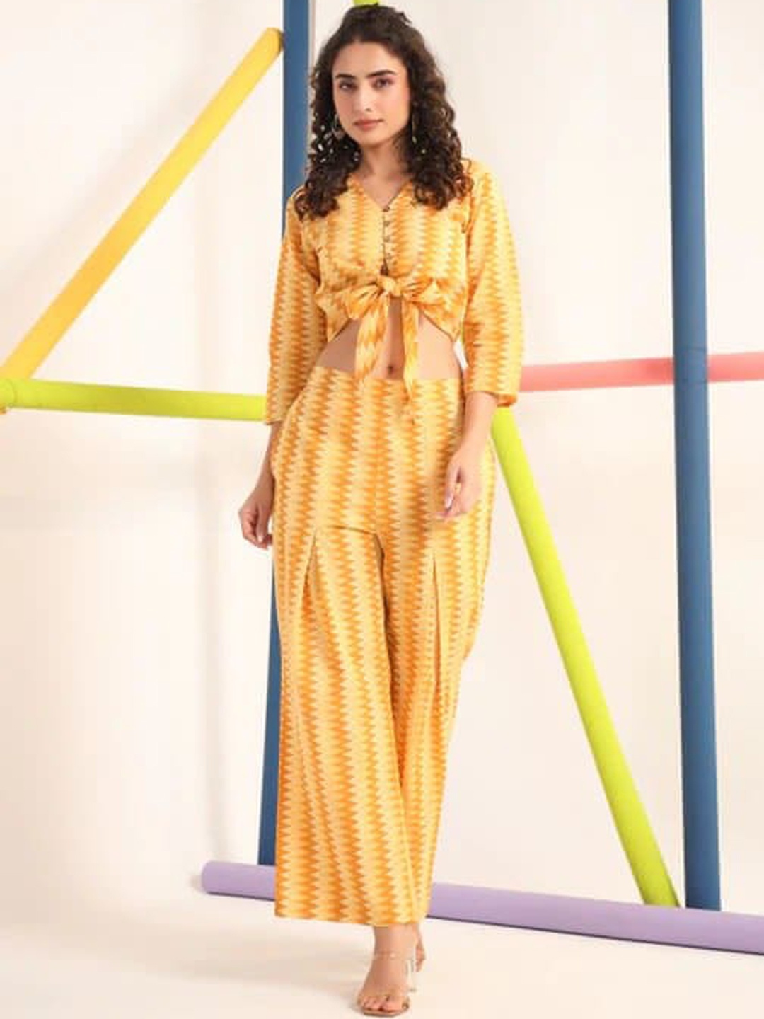 

ISHA TRADE Geometric Printed Top With Palazzo Co-Ords, Yellow