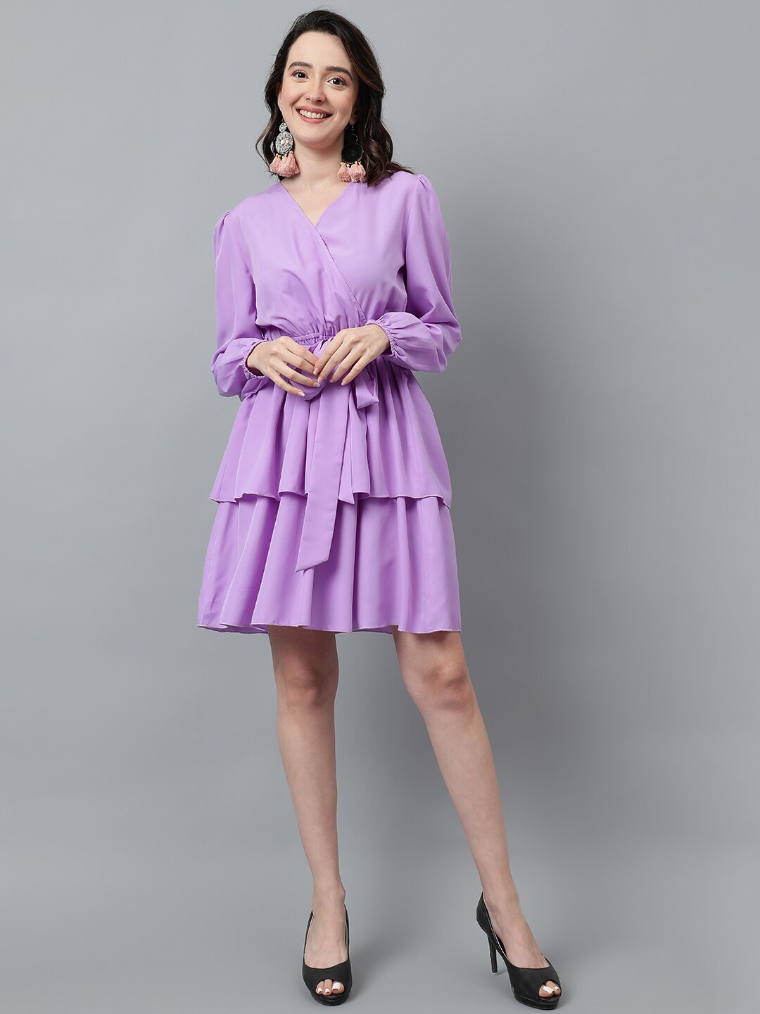 

Kotty Puff Sleeved Layered Satin Wrap Dress, Purple