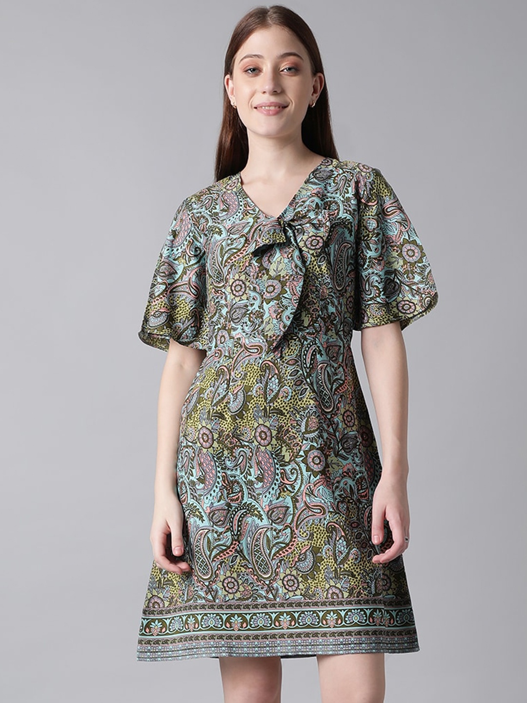 

Kotty Blue & Green Ethnic Motifs Printed Tie-Up Neck Flared Sleeves A-Line Dress