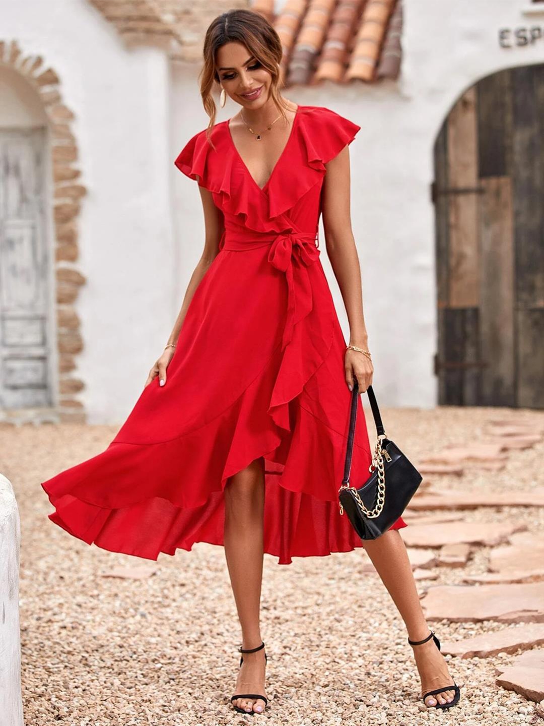 

Kotty Red Ruffled Wrap Midi Dress