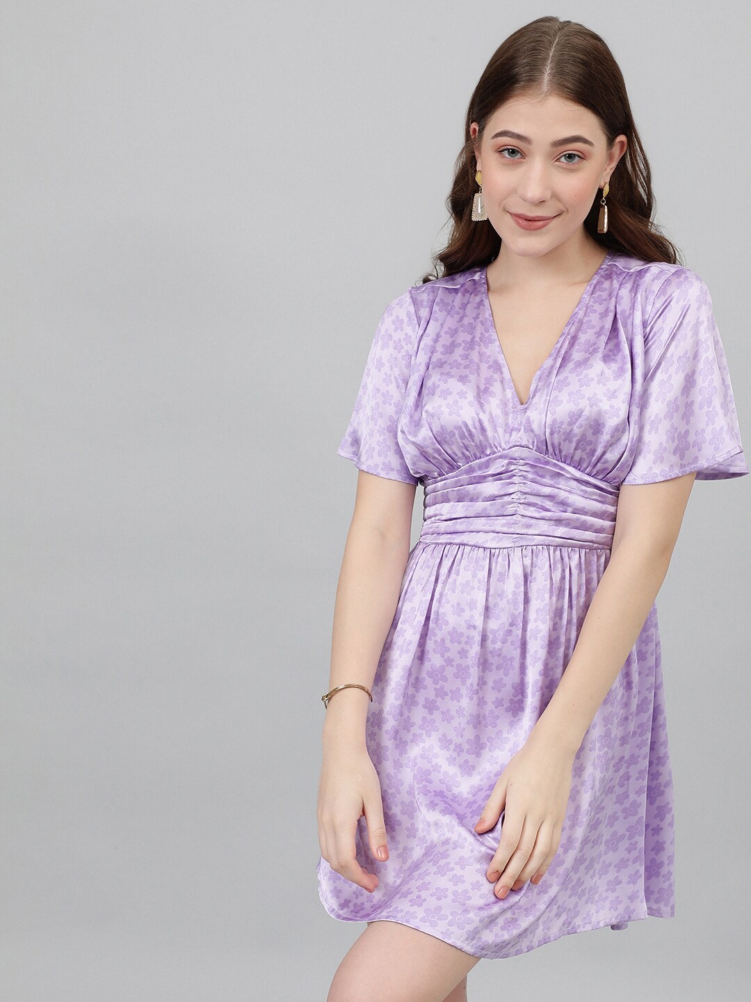 

Kotty Lavendor Floral Printed V-Neck Satin Fit & Flare Dress, Lavender