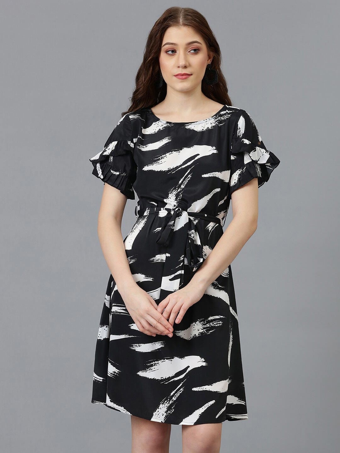 

Kotty Black Abstract Printed Satin A-Line Dress