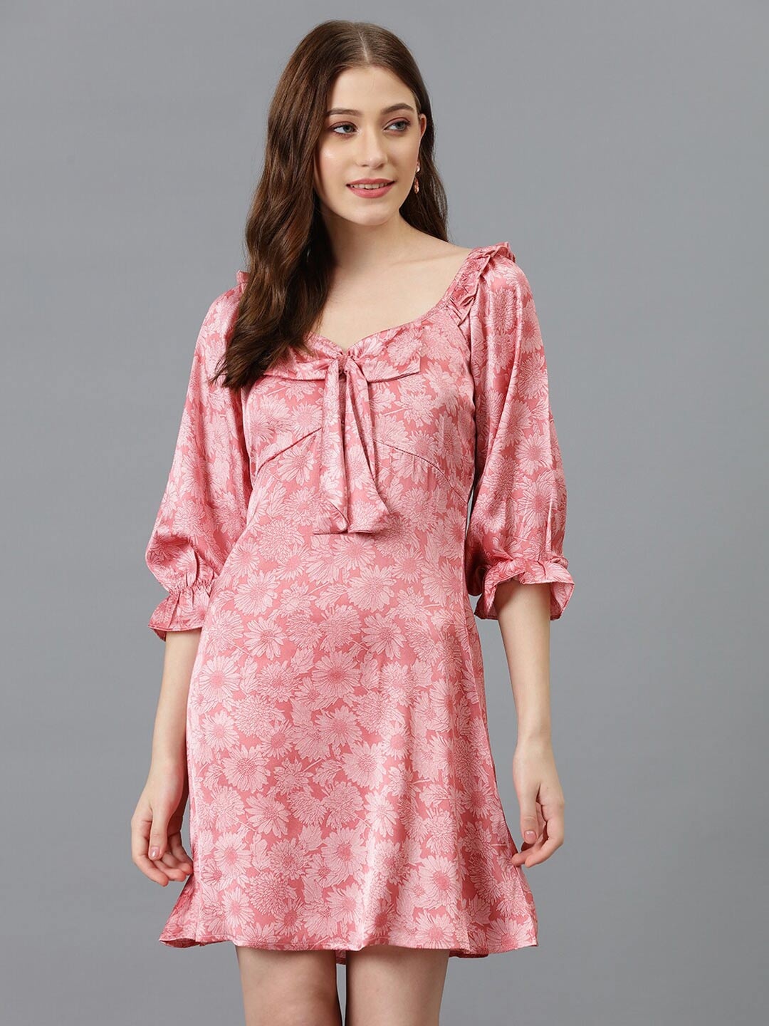 

Kotty Pink Floral Printed Sweetheart Neck Bell Sleeves Tie-Ups Satin A-Line Dress