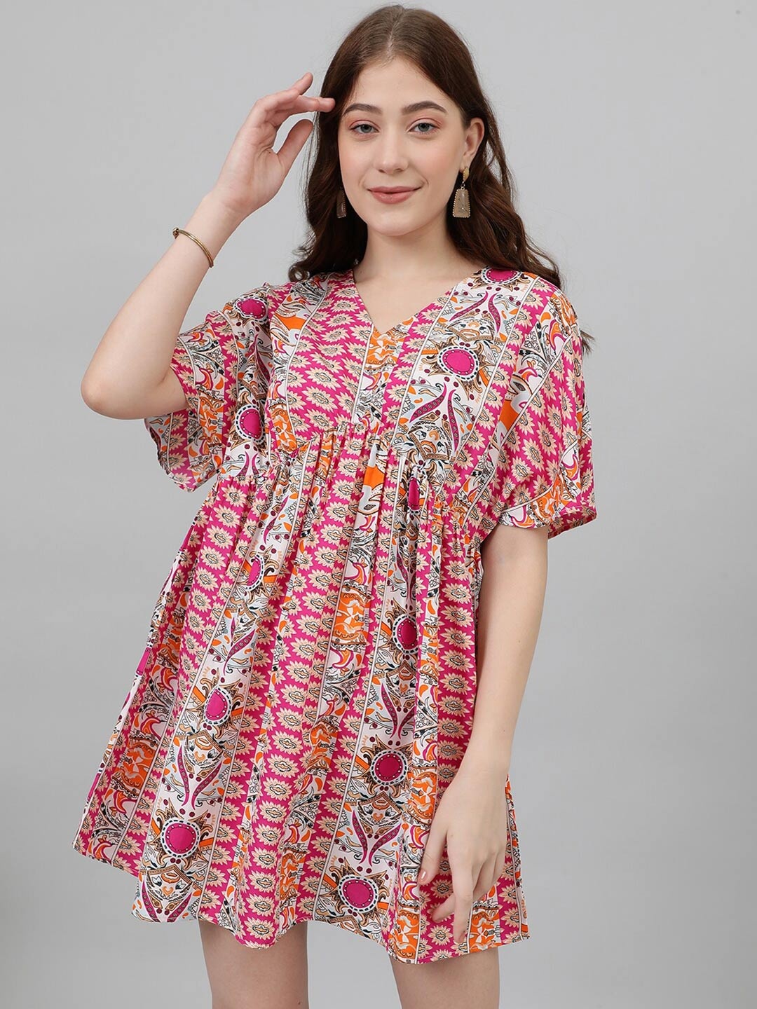 

Kotty Pink & White Ethnic Motifs Printed Flared Sleeves Empire Mini Dress