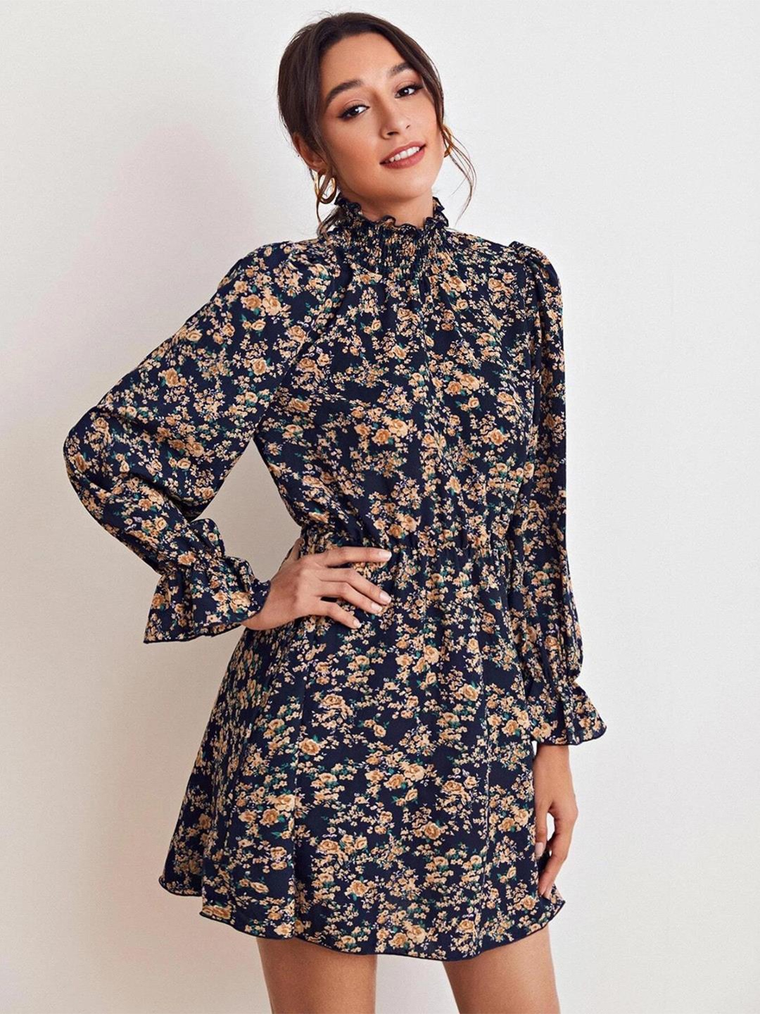 

Kotty Navy Blue & Beige Floral Printed Bell Sleeves Fit & Flare Dress