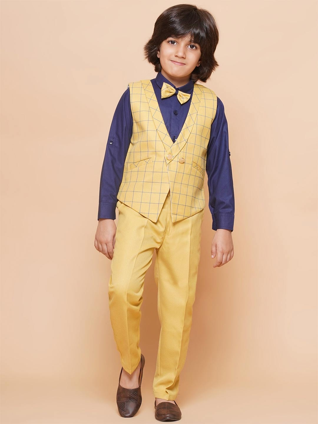 

Aj DEZInES Boys 3 Piece Checked Waistcoat with Trousers and Bowtie, Yellow