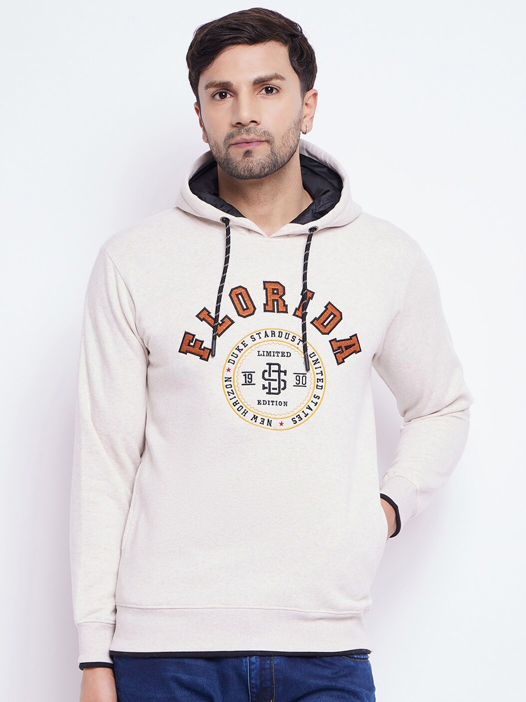 

Duke Typographic Printed Hooded Cotton Sweatshirt, Beige
