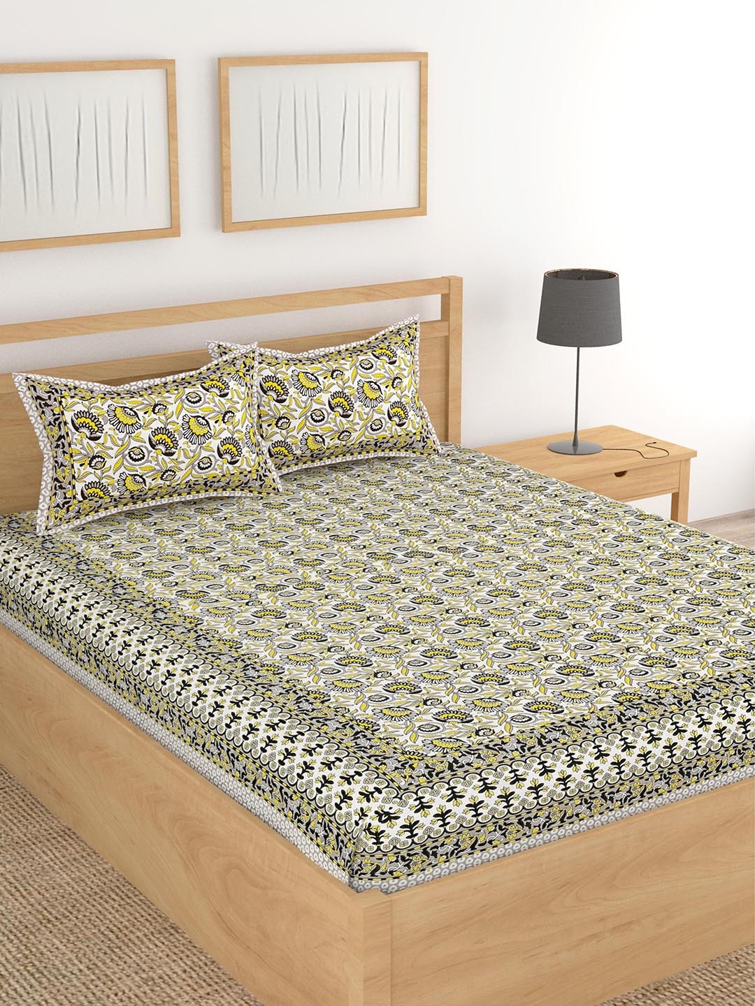

Lali Prints White & Yellow Ethnic Motifs Cotton 210 TC King Bedsheet with 2 Pillow Covers